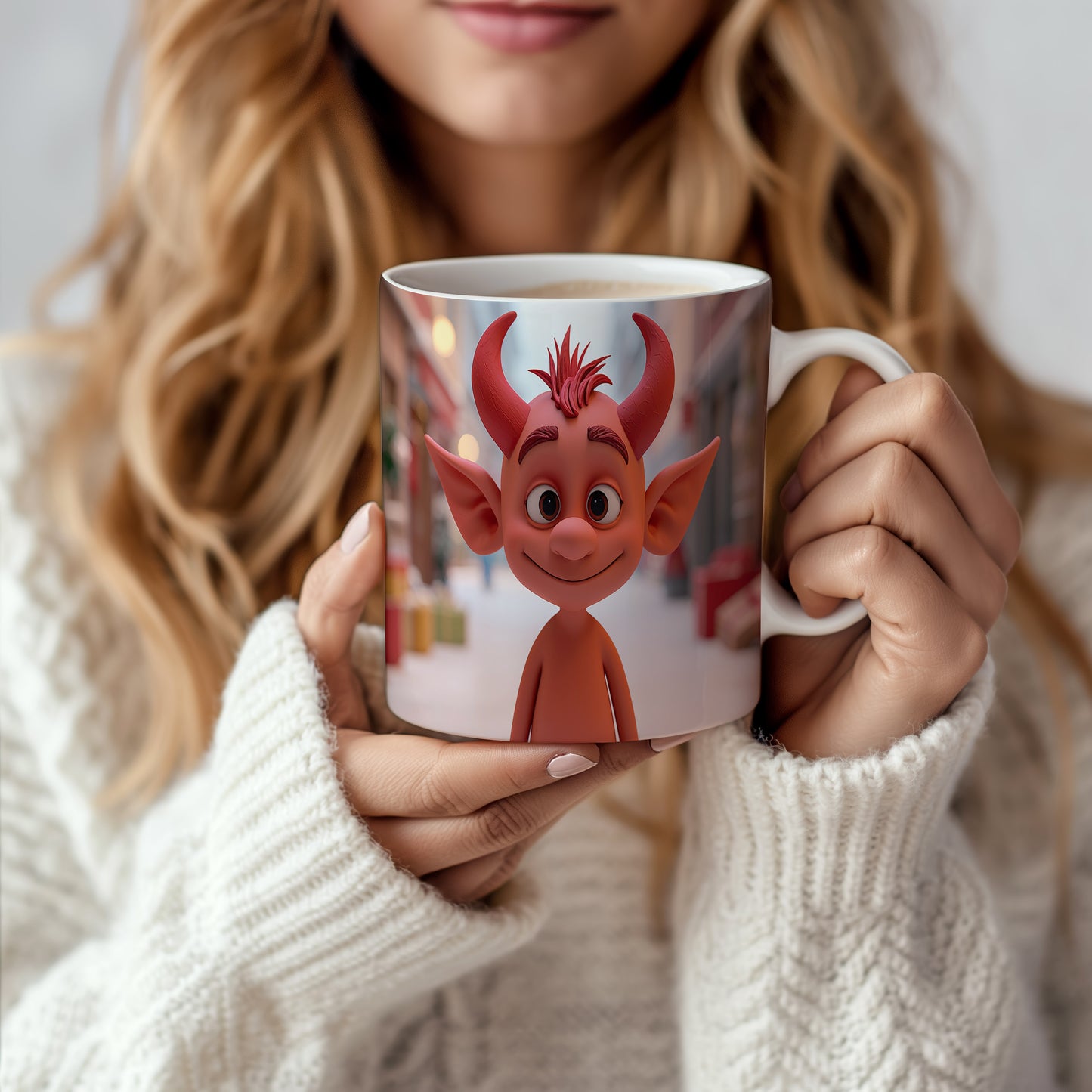 Hrnek s motivem čerta – veselá zimní ulice