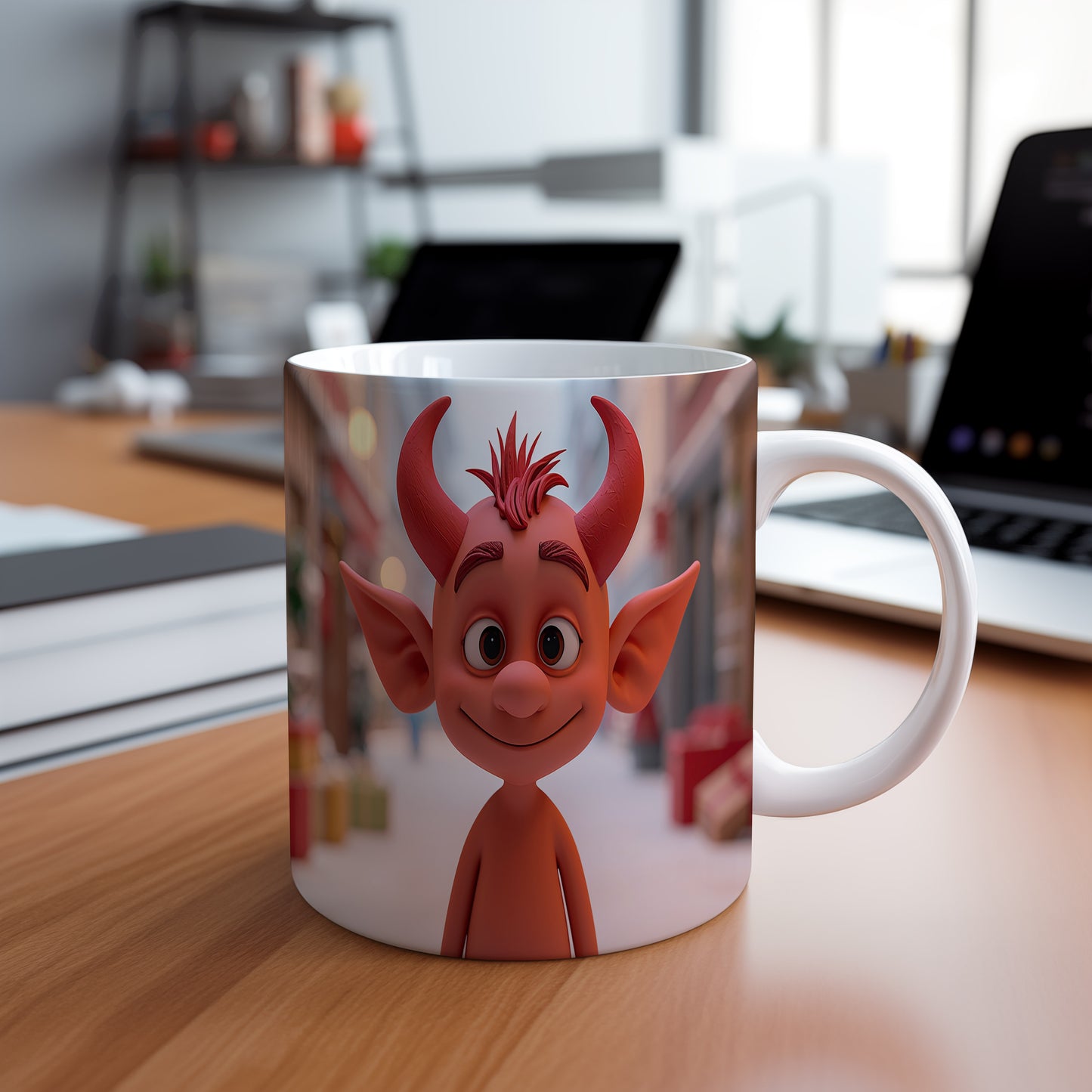 Hrnek s motivem čerta – veselá zimní ulice