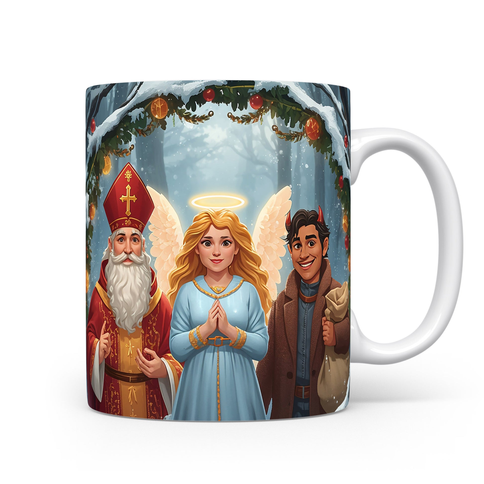 Mikuláš, čert a anděl v zimním lese na hrnku