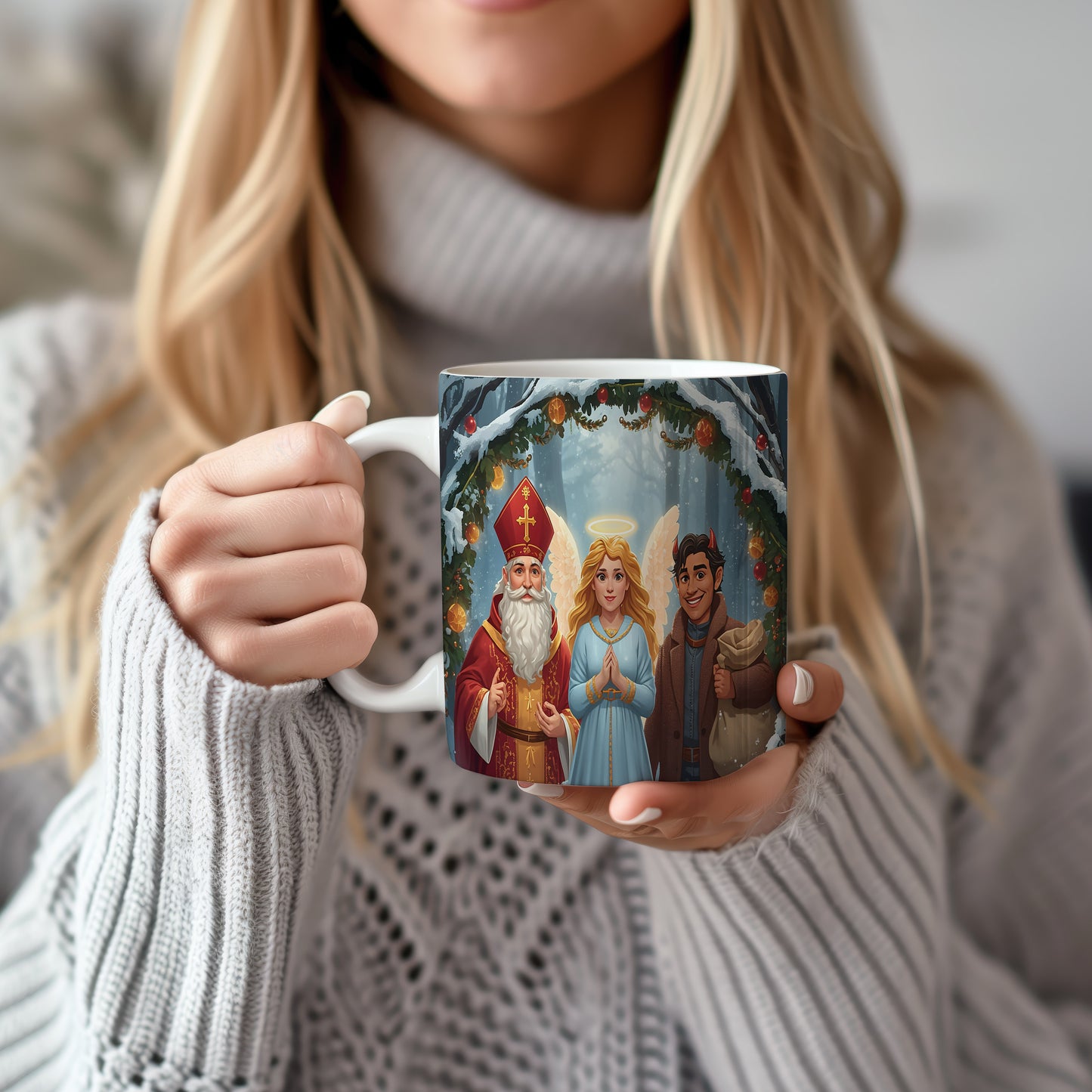 Hrnek s motivem Mikuláše, čerta a anděla – zimní kouzlo lesa