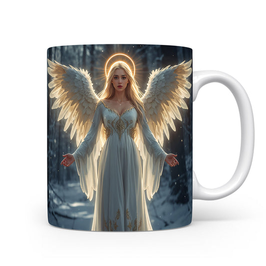 Anděl v bílém rouchu s křídly a svatozáří v zimním lese