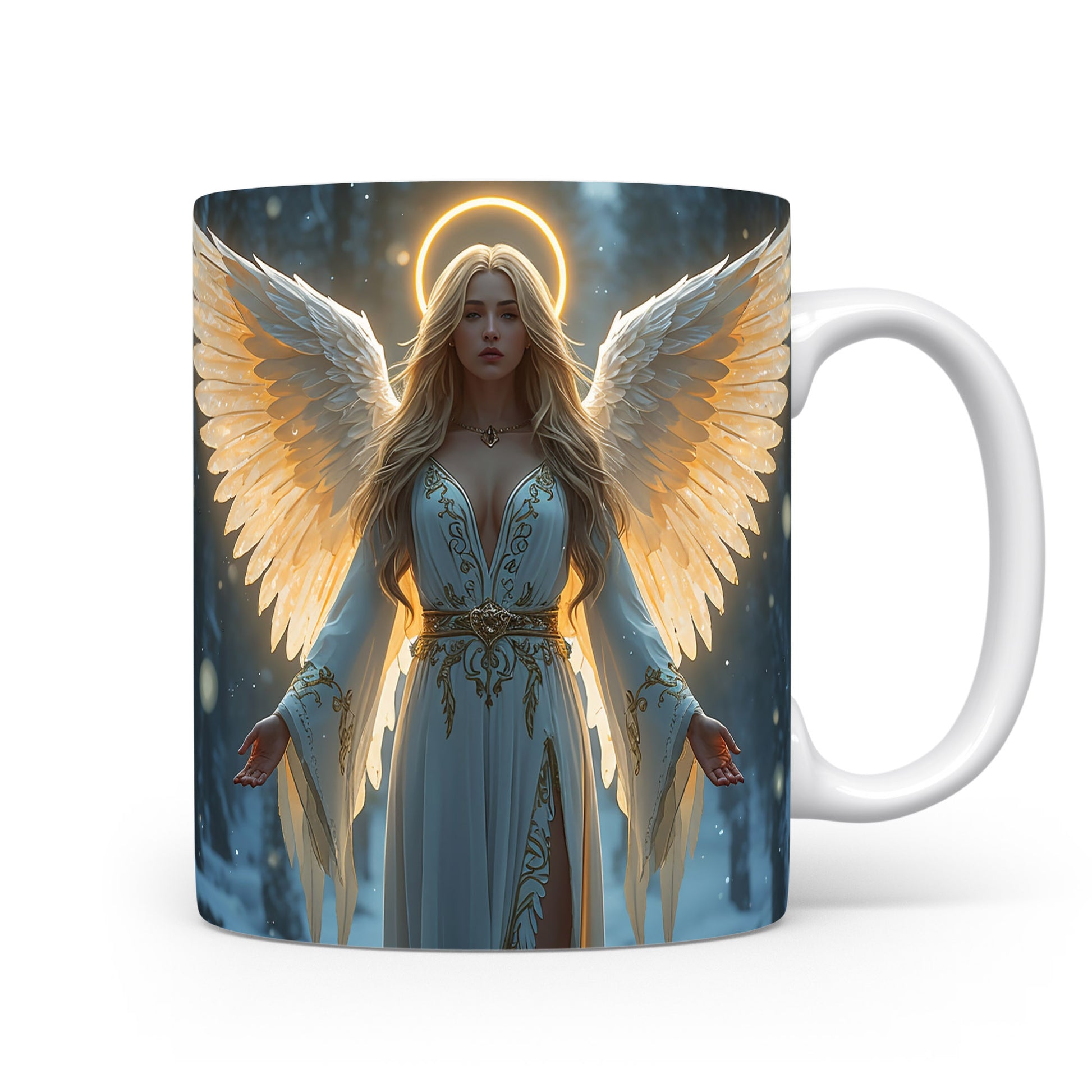 Anděl v bílém s křídly a svatozáří na zimním pozadí