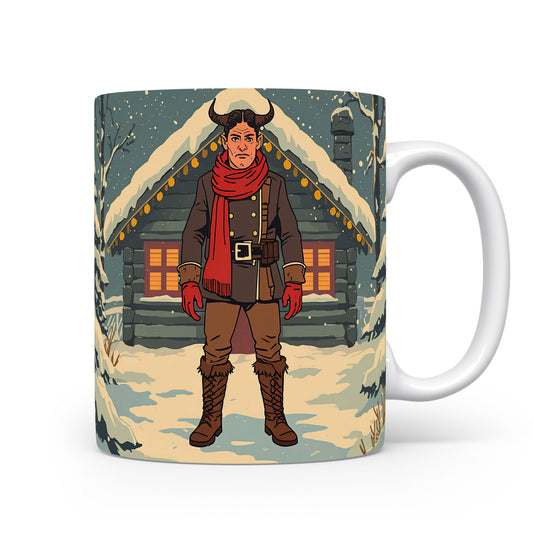 Čert před zasněženou chaloupkou na hrnku