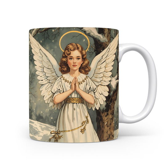 Anděl v bílém rouchu se svatozáří na zasněženém pozadí