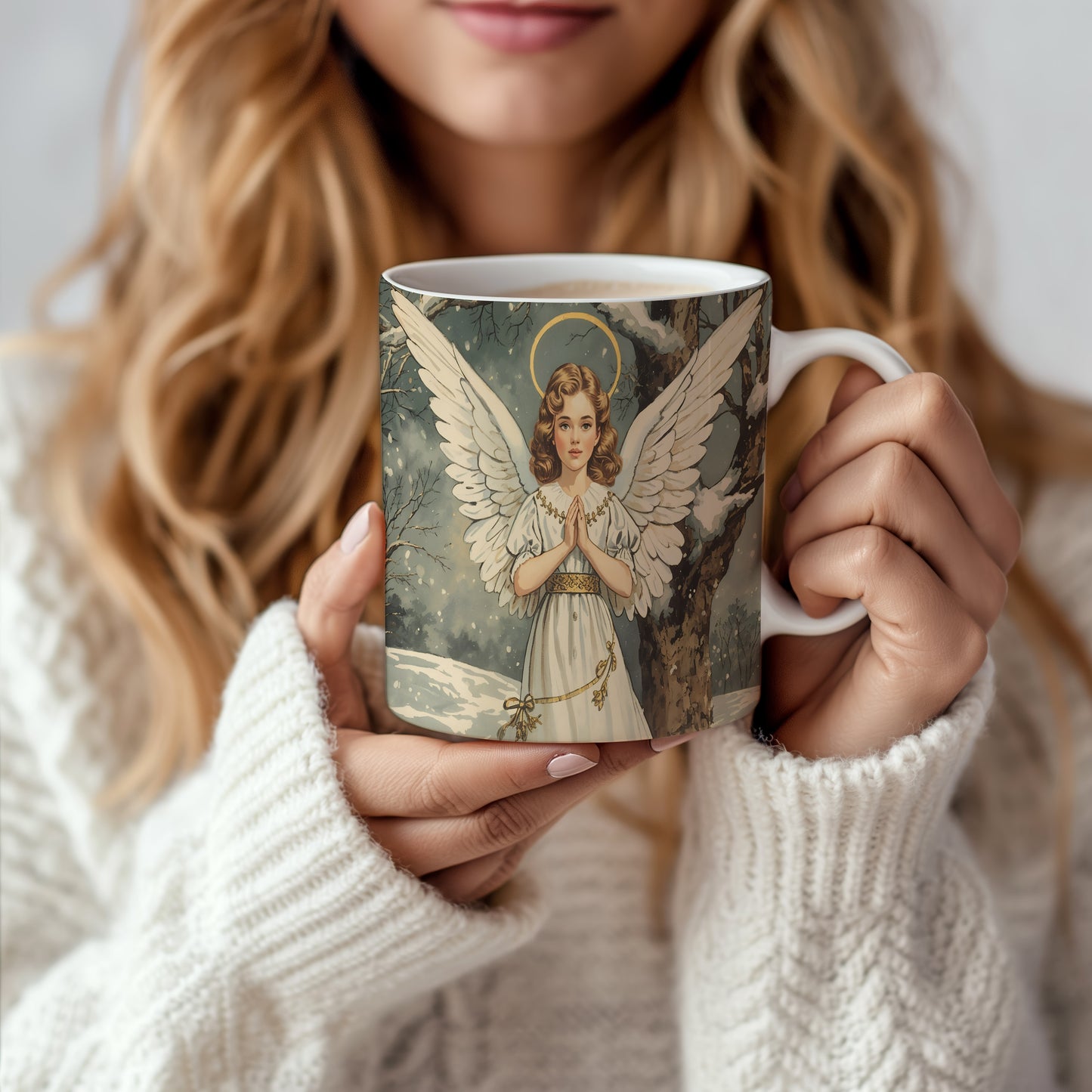 Hrnek s motivem anděla – zimní krajina