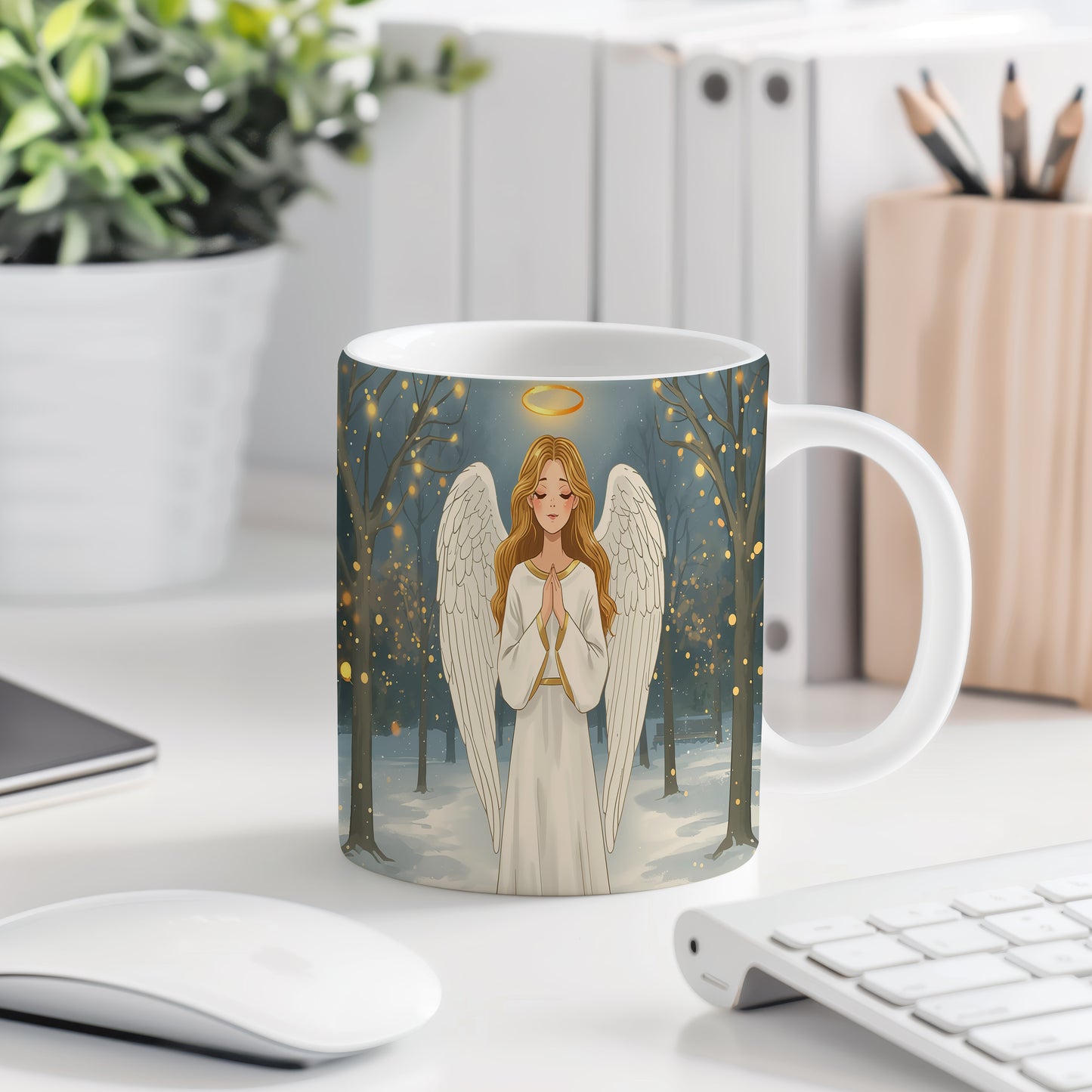 Hrnek s motivem anděla – Zimní lesní klid