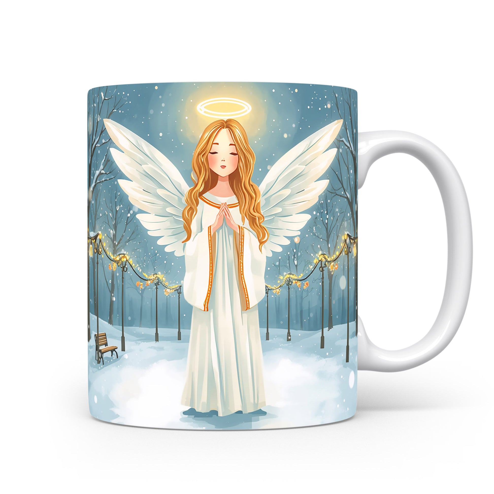 Anděl v bílém hávu se svatozáří na zasněženém pozadí