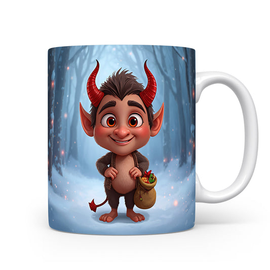 Čertík v zasněženém lese na hrnku