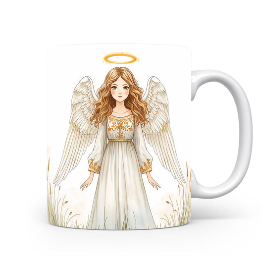 Hrnek s andělem v bílém šatu a zlatou aurou