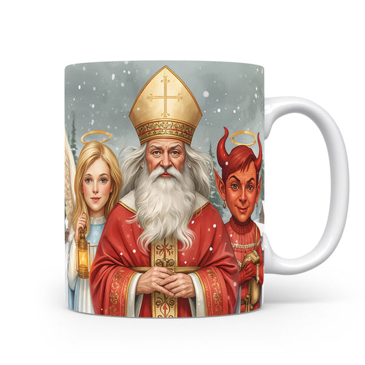 Mikuláš, čert a anděl v zimním lese na hrnku