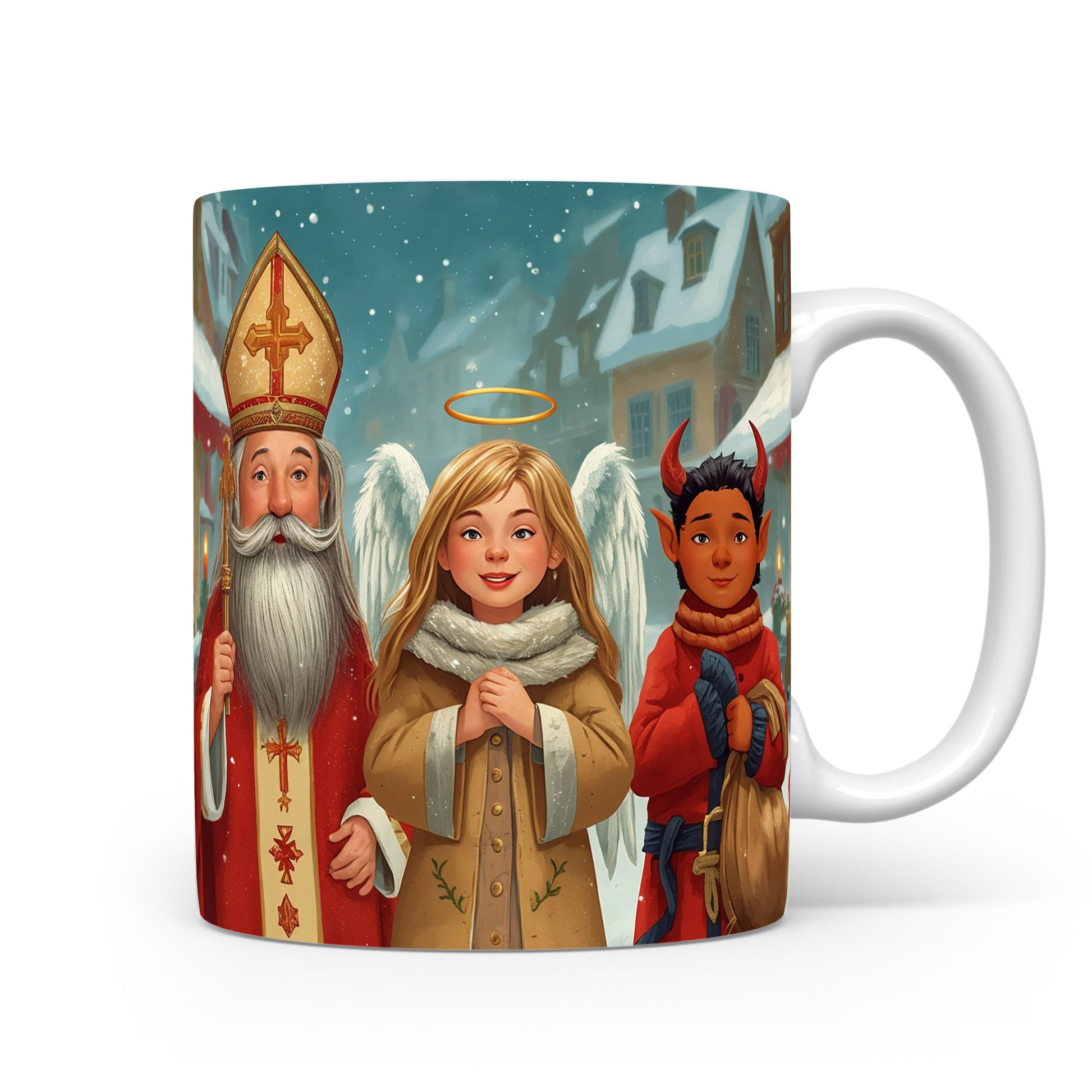 Mikuláš, čert a anděl před zasněženými domky