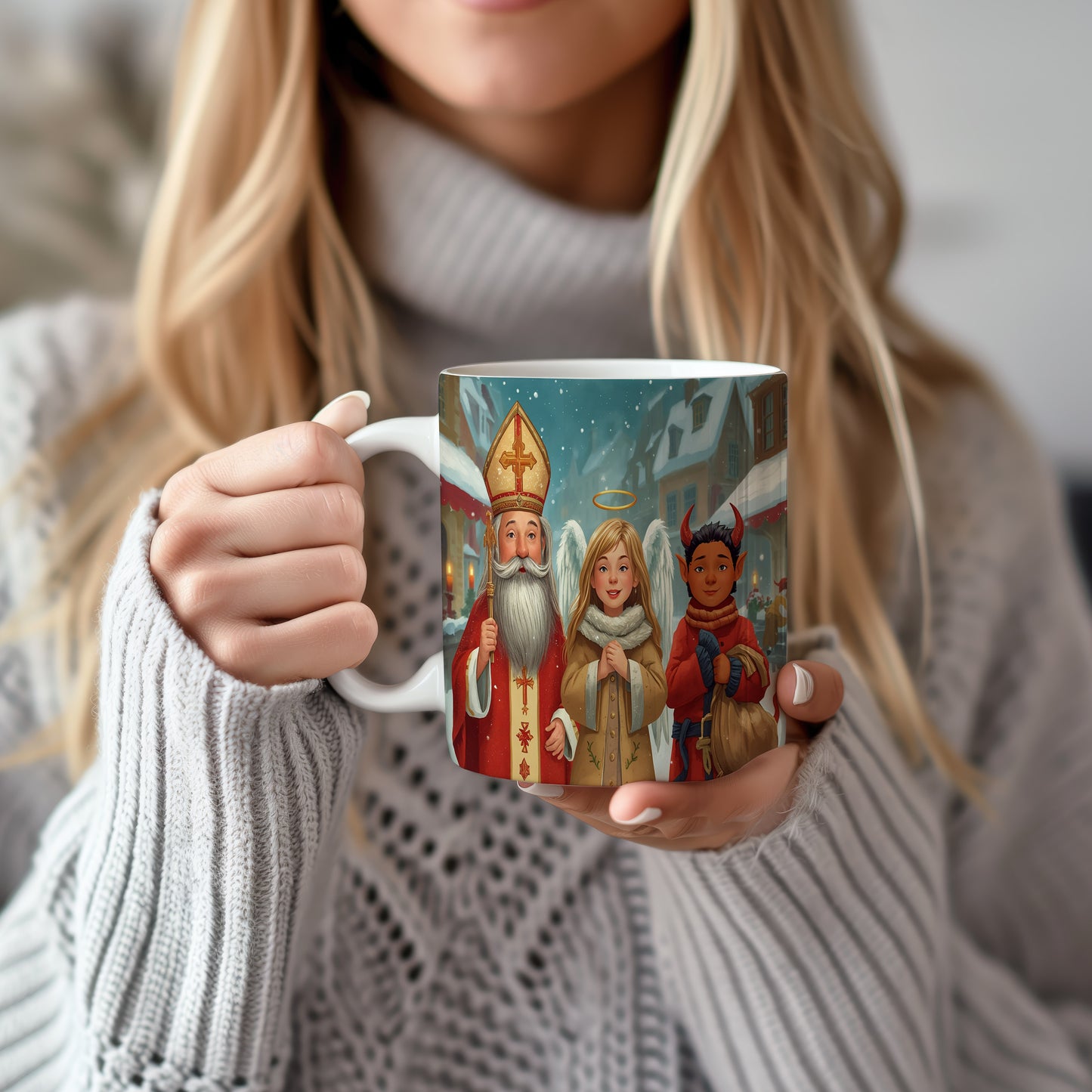 Hrnek s motivem Mikuláše, čerta a anděla – zimní vesnická idyla