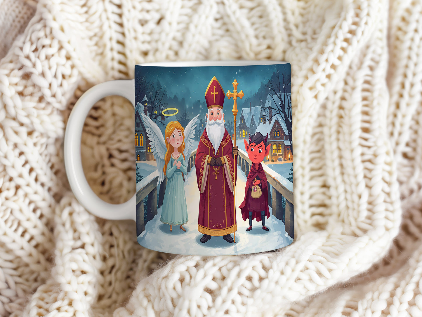 Hrnek s motivem Mikuláše, čerta a anděla – zimní kouzelná cesta