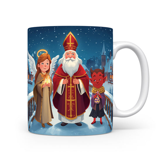 Mikuláš, čert a anděl na zasněženém mostě