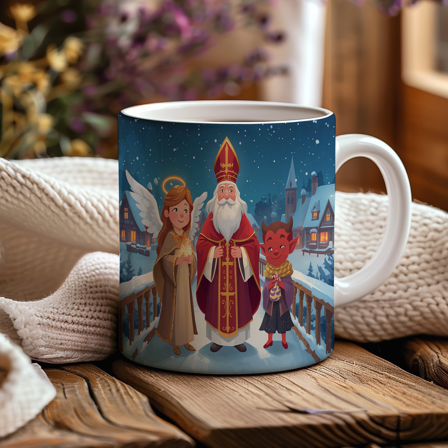 Hrnek s motivem Mikuláše, čerta a anděla – zimní kouzelný most