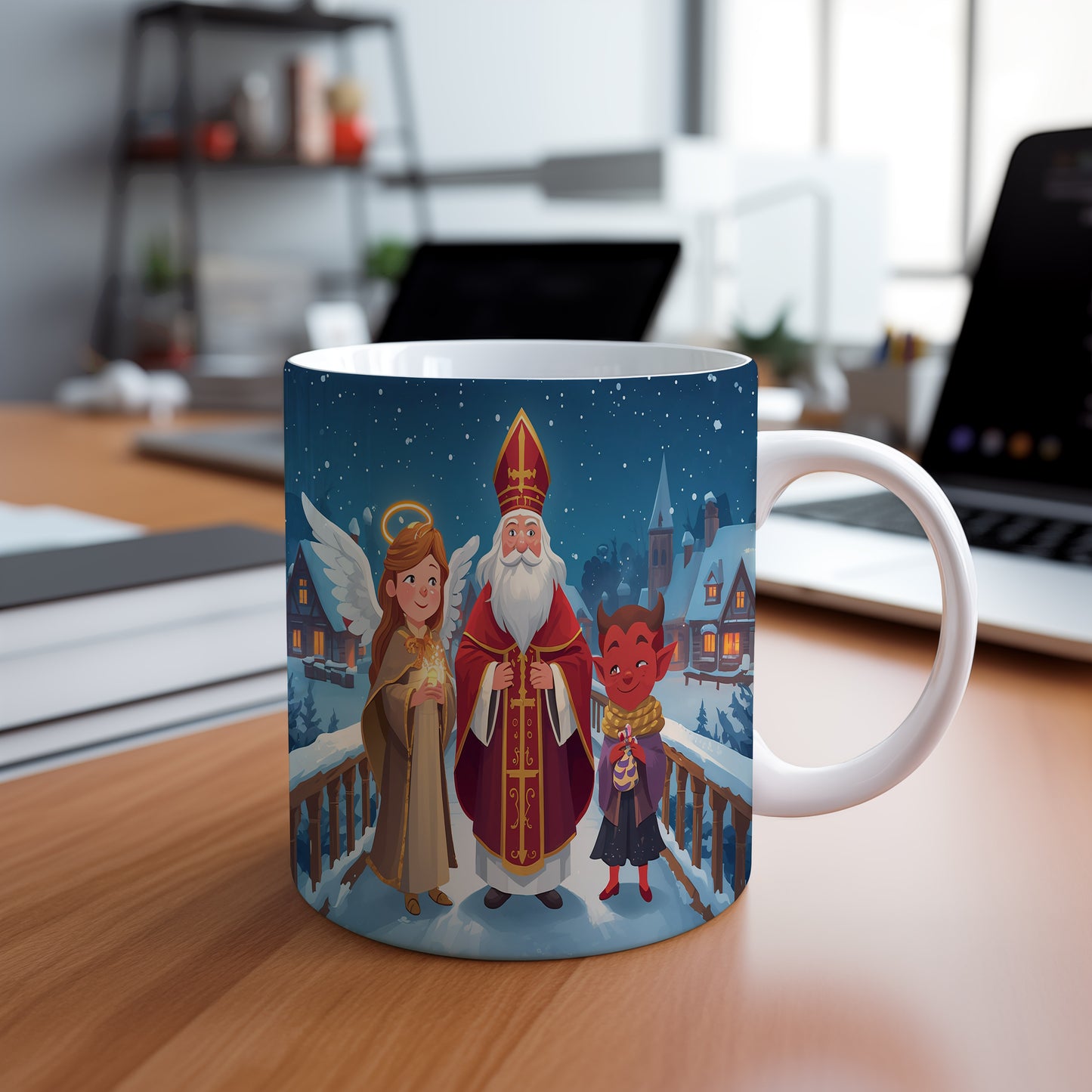 Hrnek s motivem Mikuláše, čerta a anděla – zimní kouzelný most