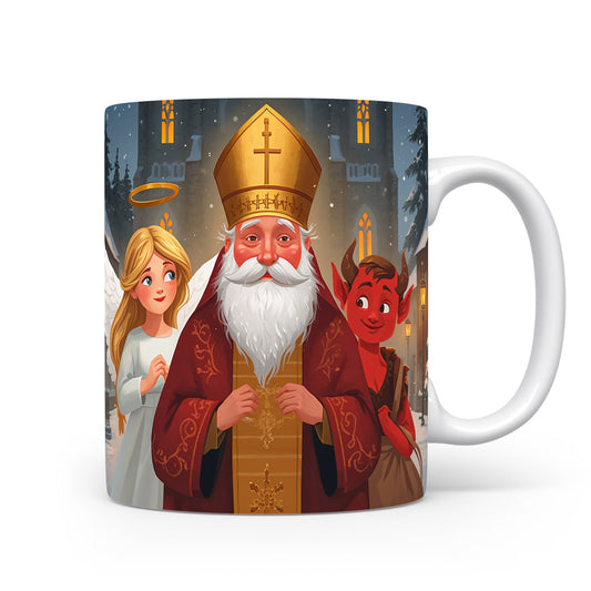 Hrnek s Mikulášem, čertem a andělem před zasněženým hradem