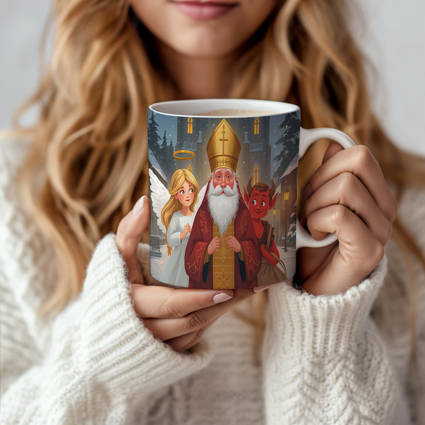 Hrnek s motivem Mikuláše, čerta a anděla – zimní kouzelný hrad