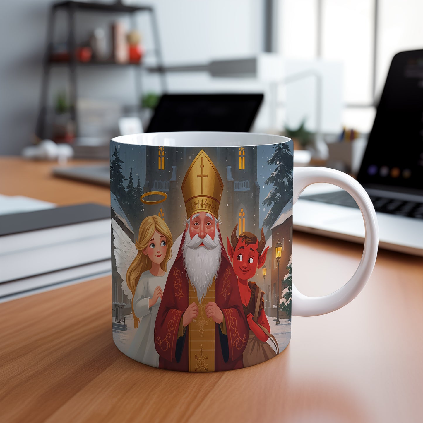 Hrnek s motivem Mikuláše, čerta a anděla – zimní kouzelný hrad