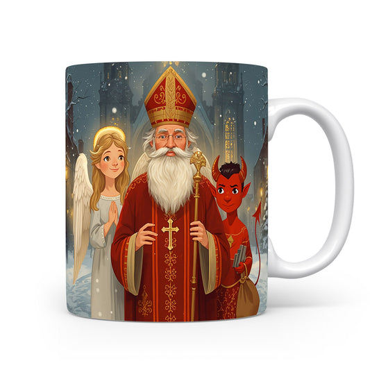 Mikuláš, čert a anděl před zimním chrámem