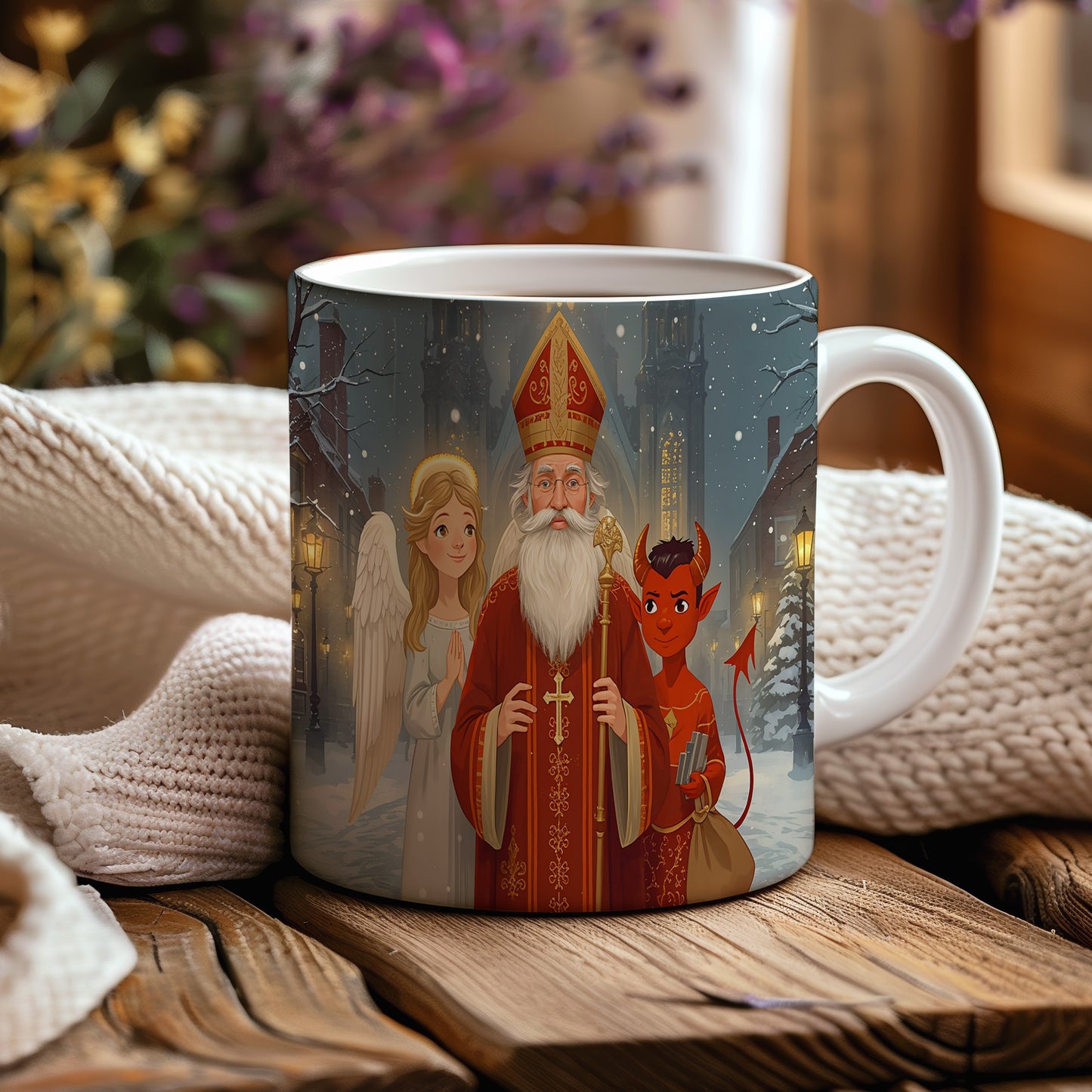 Hrnek s motivem Mikuláše, čerta a anděla – zimní kouzelný chrám