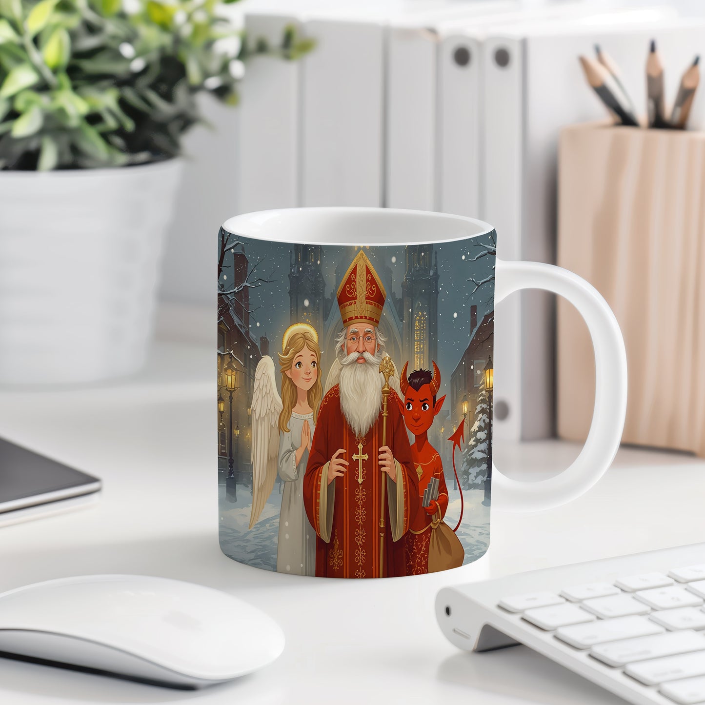 Hrnek s motivem Mikuláše, čerta a anděla – zimní kouzelný chrám