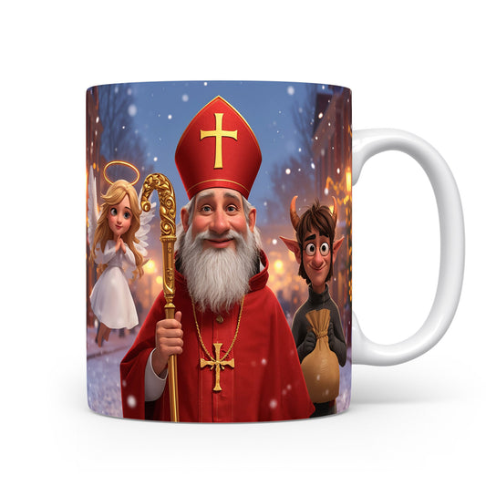 Mikuláš, čert a anděl na zimním pozadí