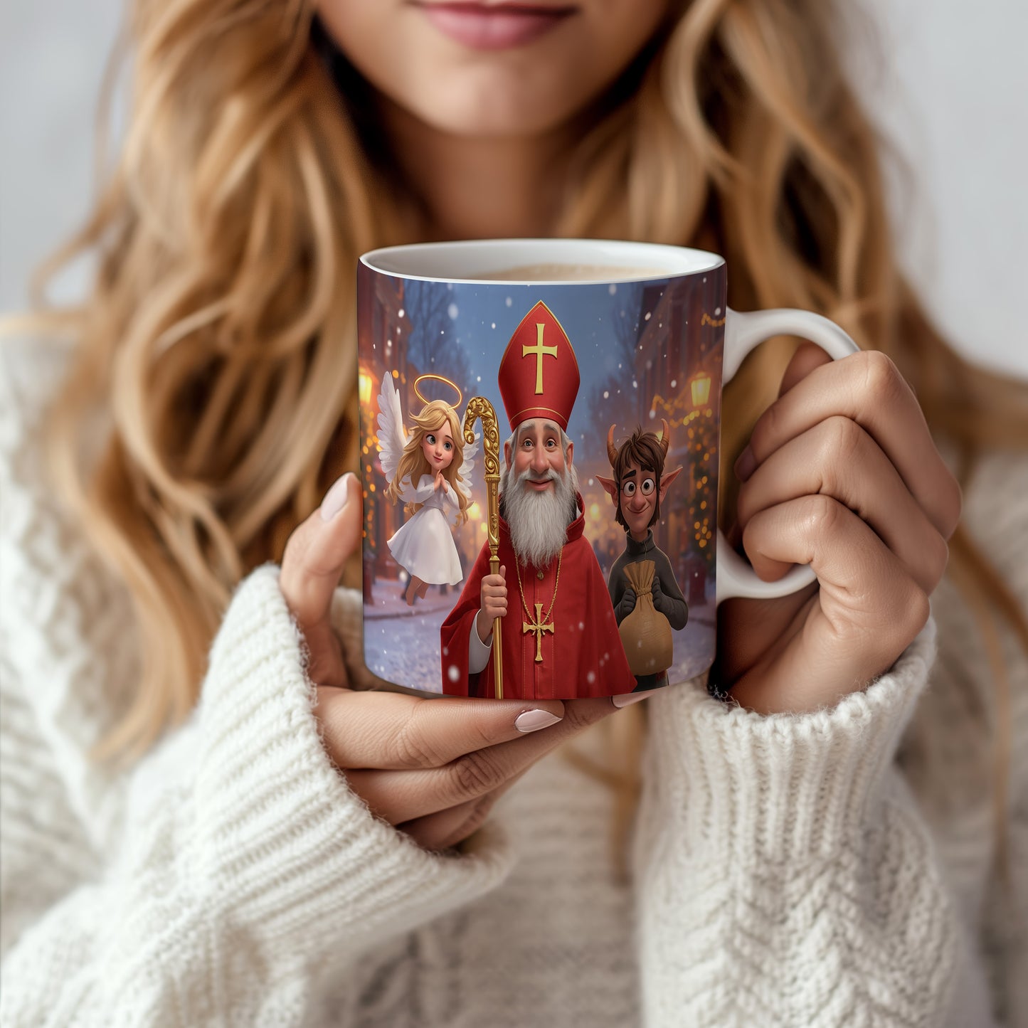 Hrnek s motivem Mikuláše, čerta a anděla – zimní kouzelný večer