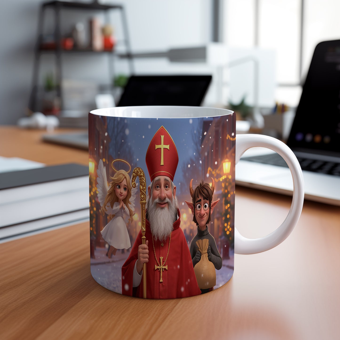 Hrnek s motivem Mikuláše, čerta a anděla – zimní kouzelný večer