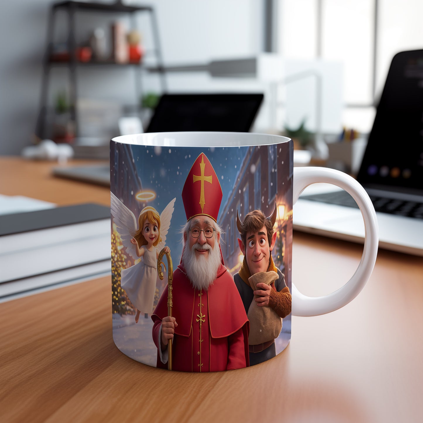 Hrnek s motivem Mikuláše, čerta a anděla – zimní městská pohádka