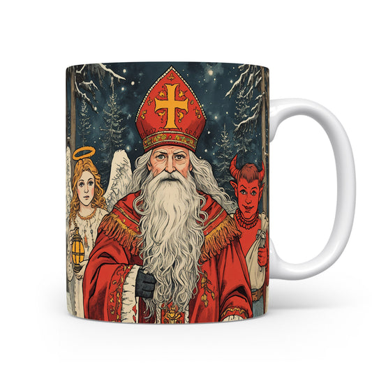 Mikuláš, čert a anděl na hrnku s hvězdným zimním pozadím