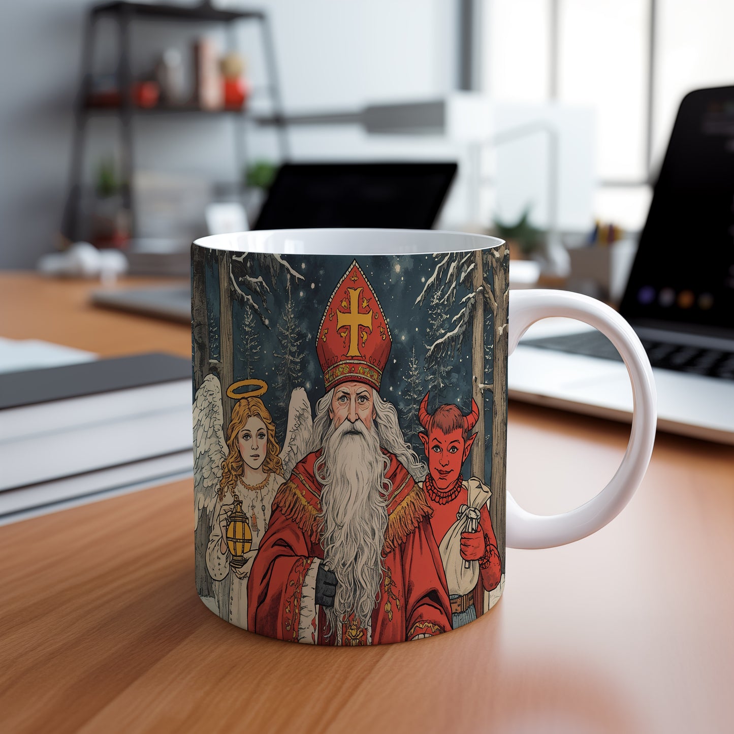 Hrnek s motivem Mikuláše, čerta a anděla – zimní hvězdná noc