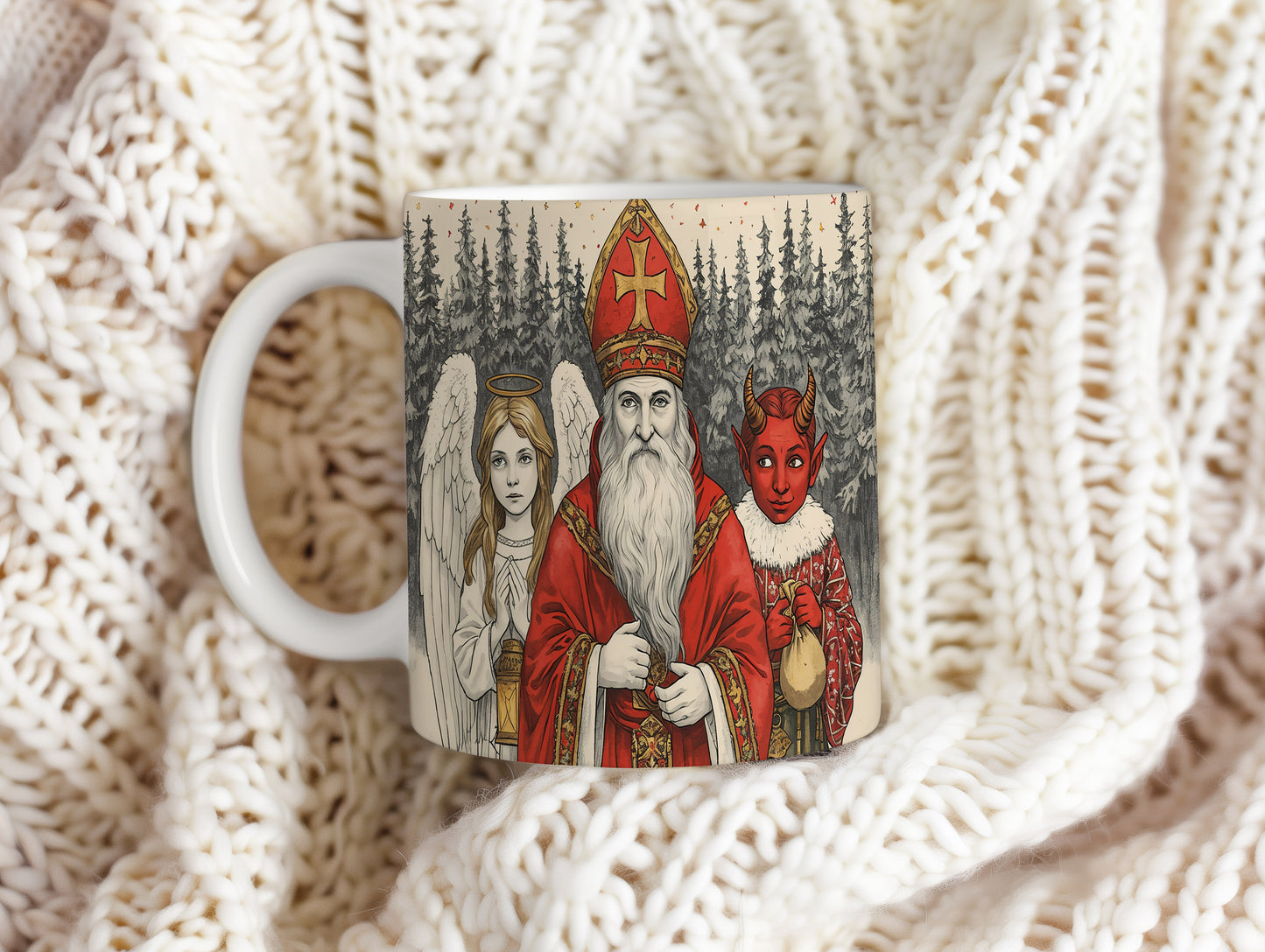 Hrnek s motivem Mikuláše, čerta a anděla – zimní lesní klid