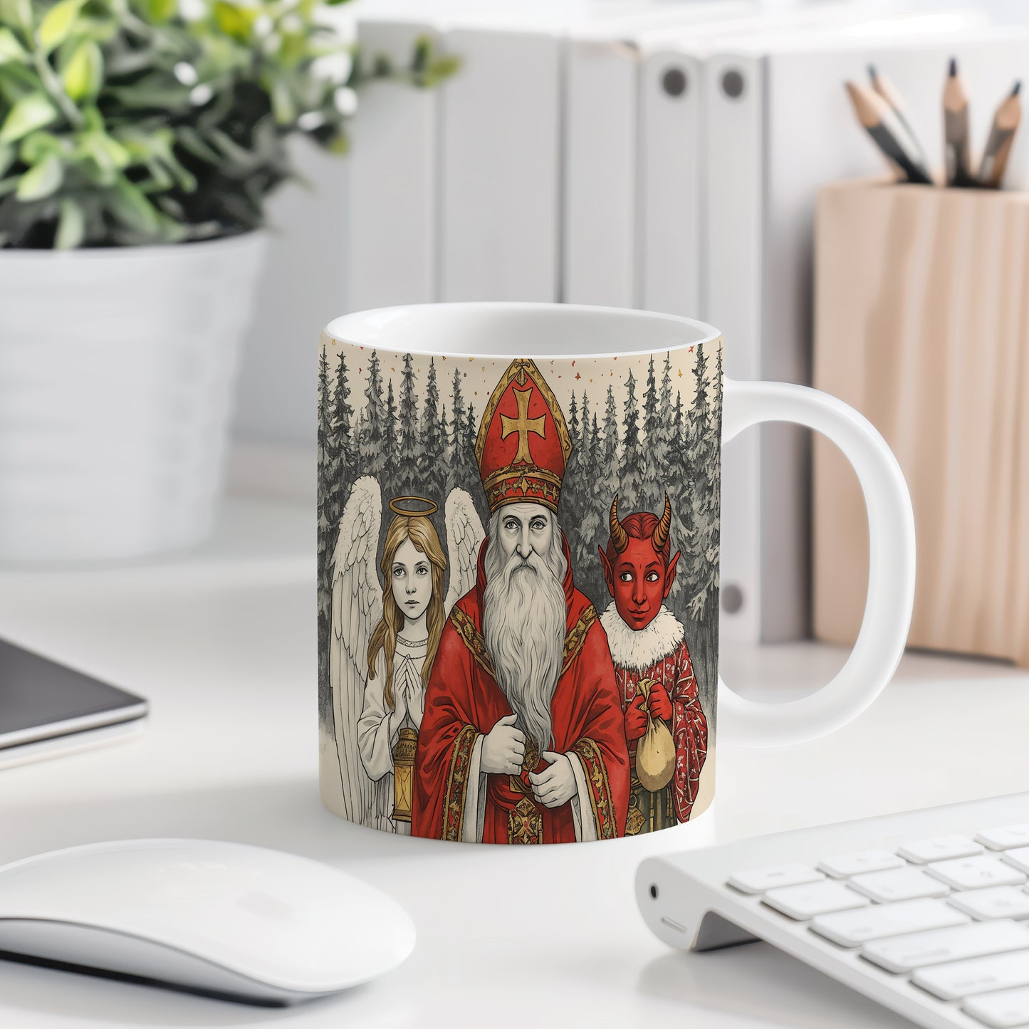 Hrnek s motivem Mikuláše, čerta a anděla – zimní lesní klid