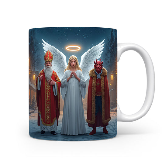 Mikuláš, čert a anděl na pozadí hvězdného nebe