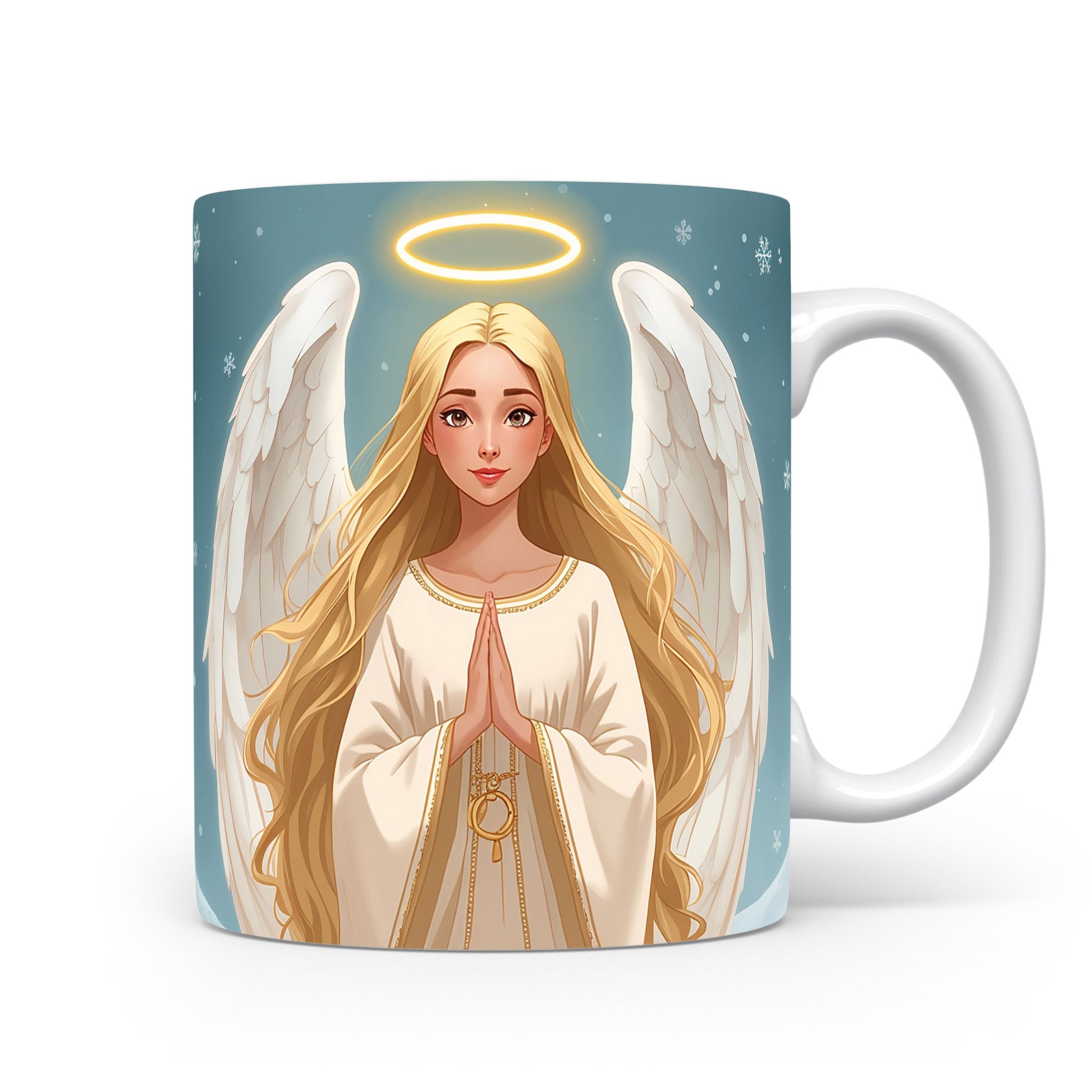 Hrnek s andělem v bílém hávu a zářícím svatozářem.