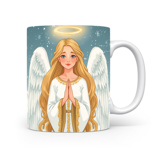 Anděl s křídly a svatozáří na modrém pozadí se sněhovými vločkami