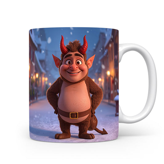 Čertík v zasněžené uličce s teplými světly