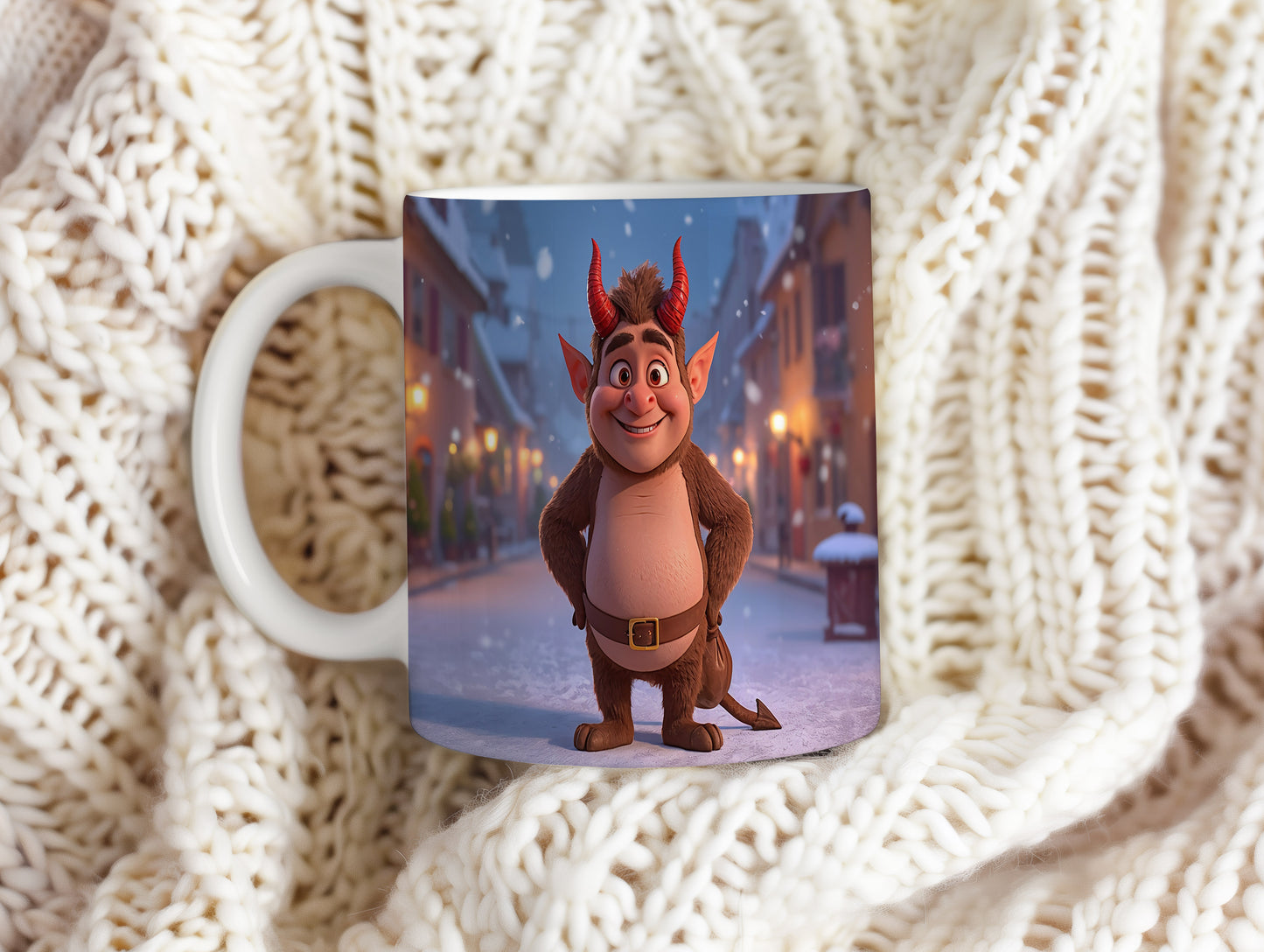 Hrnek s motivem čerta – zimní pohádková ulička