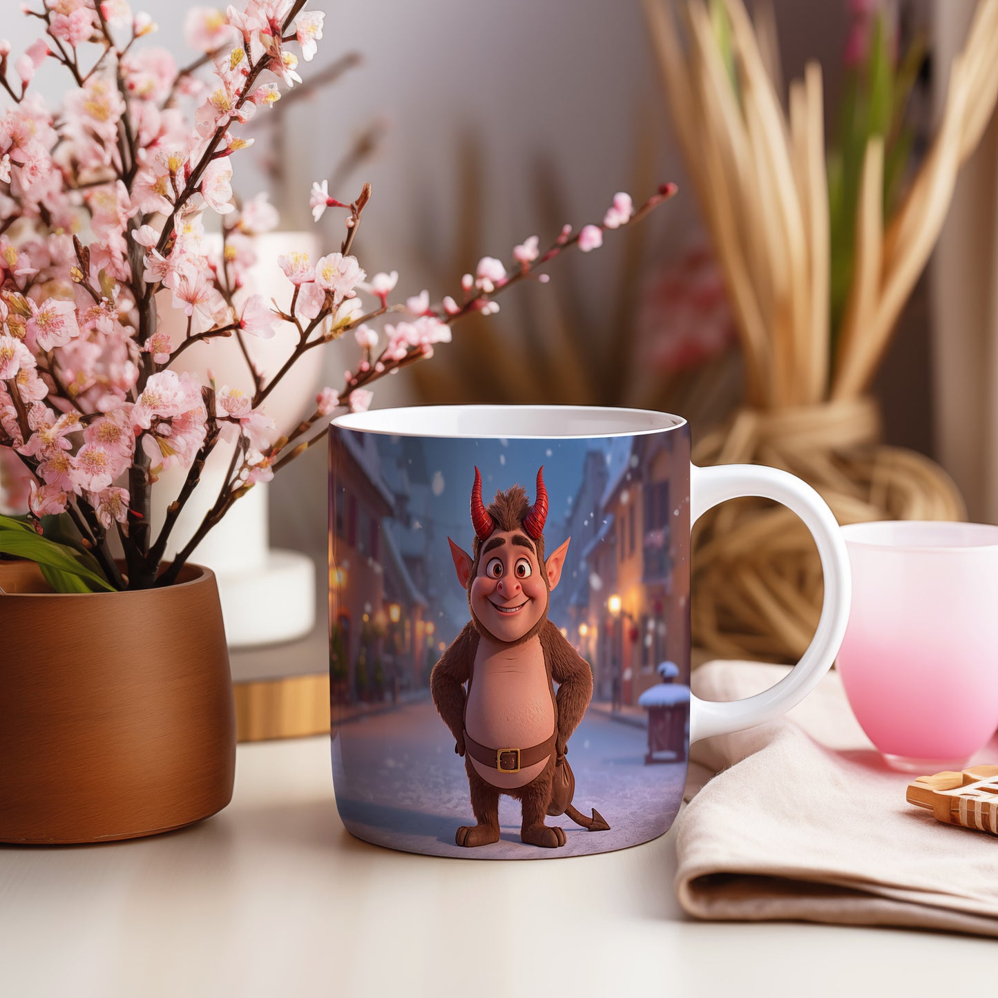 Hrnek s motivem čerta – zimní pohádková ulička