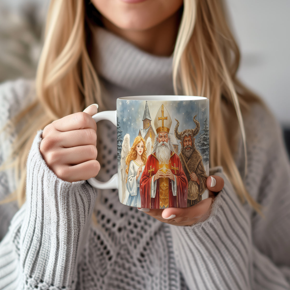 Hrnek s motivem Mikuláše, čerta a anděla – vánoční vesnická idyla