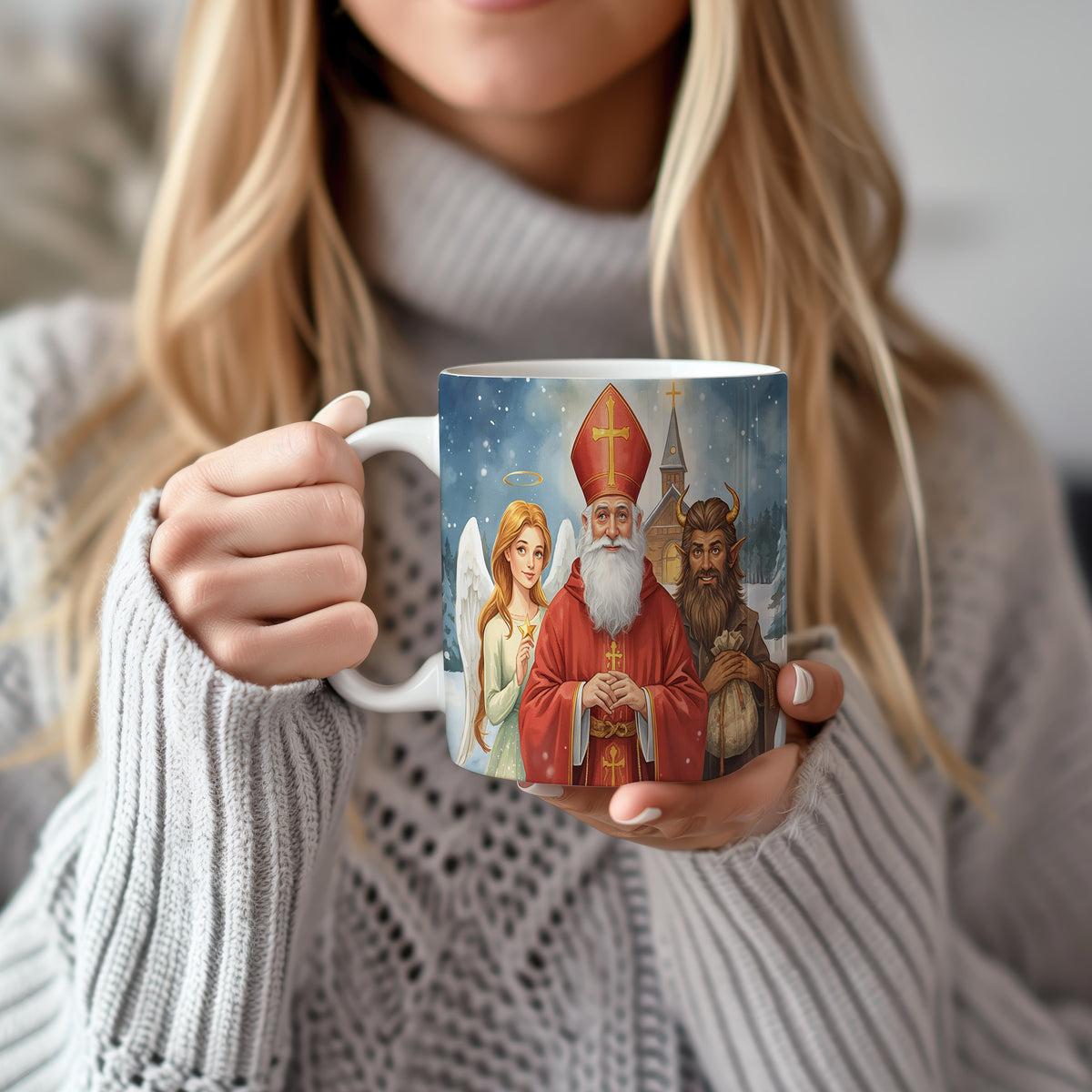 Hrnek s motivem Mikuláše, čerta a anděla – zimní kostelní kouzlo