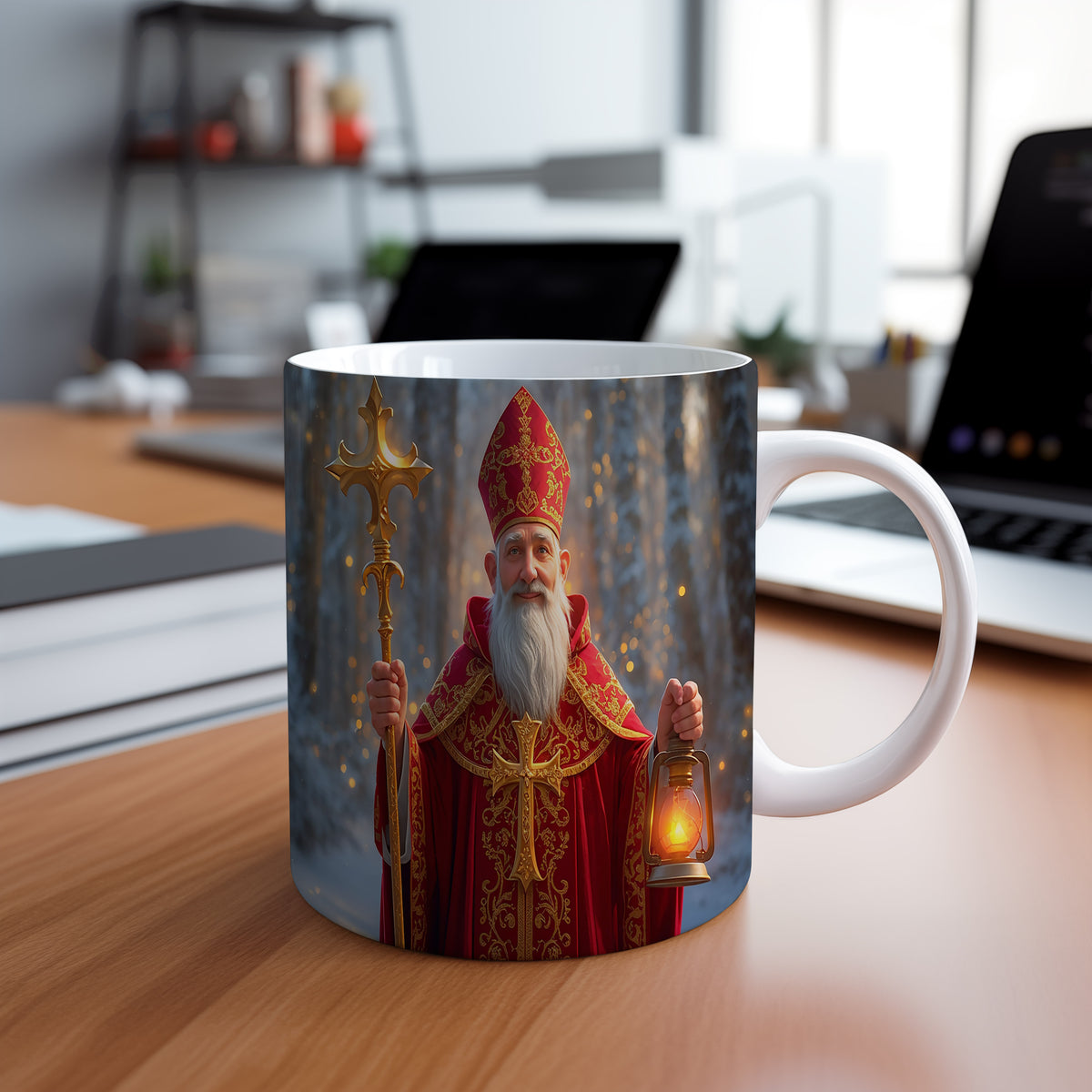 Hrnek s motivem Mikuláše – zimní lesní zátiší