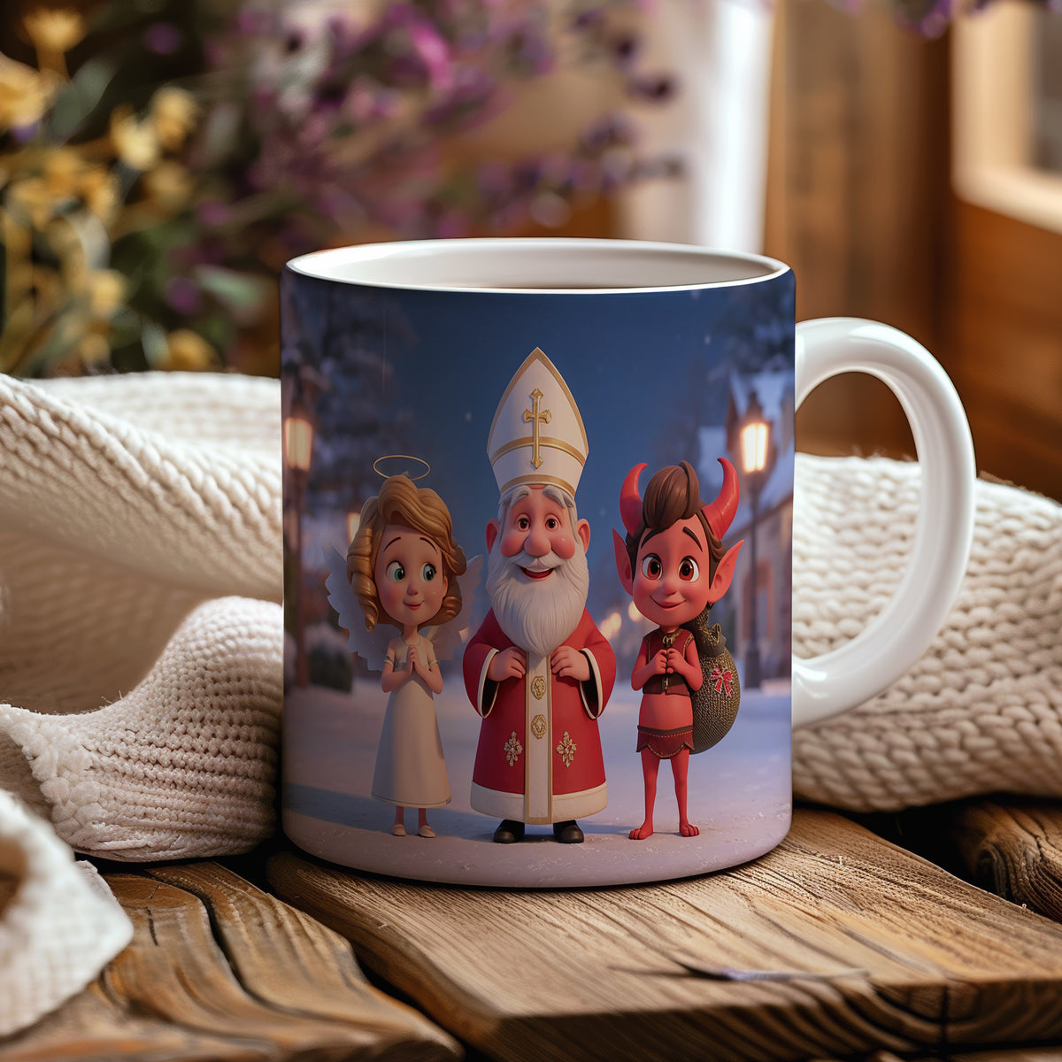 Hrnek s motivem Mikuláše, čerta a anděla – zimní sváteční krajina