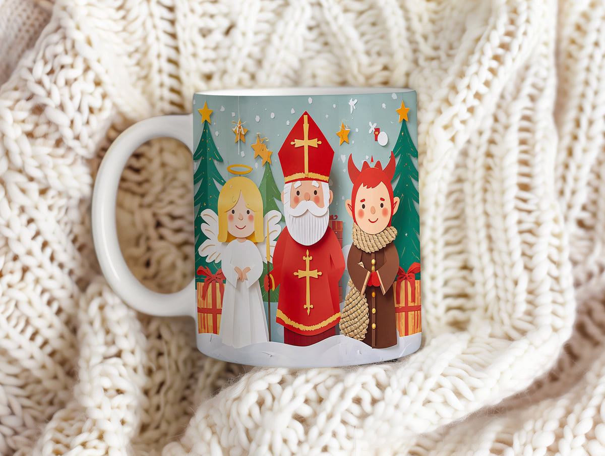 Hrnek s motivem Mikuláše, čerta a anděla – zimní pohádková krajina