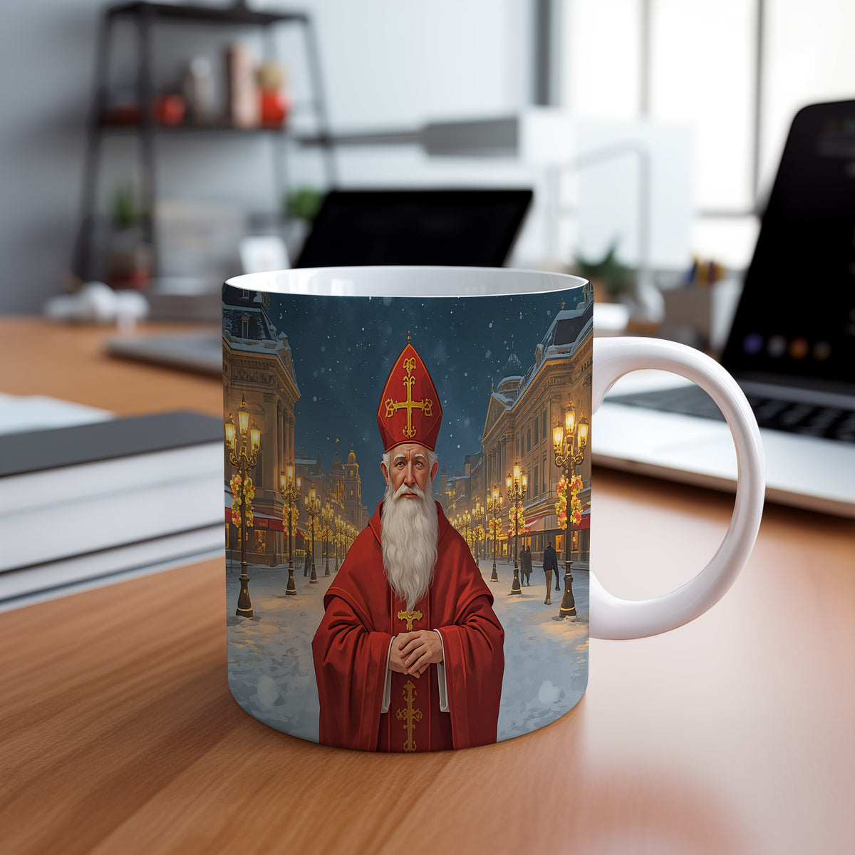 Hrnek s motivem Mikuláše – zimní pohádková ulice