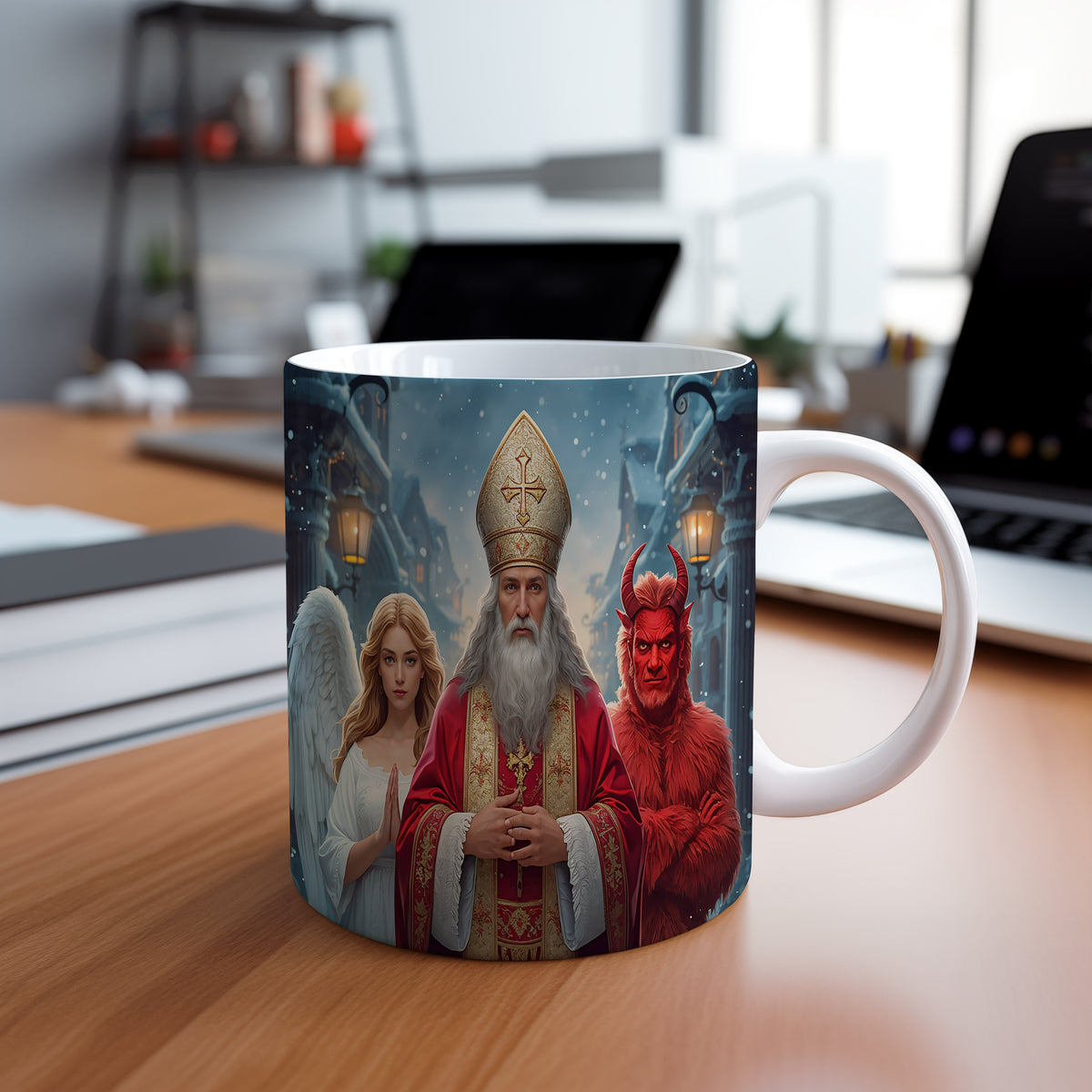 Hrnek s motivem Mikuláše, čerta a anděla – zimní kouzelná ulice