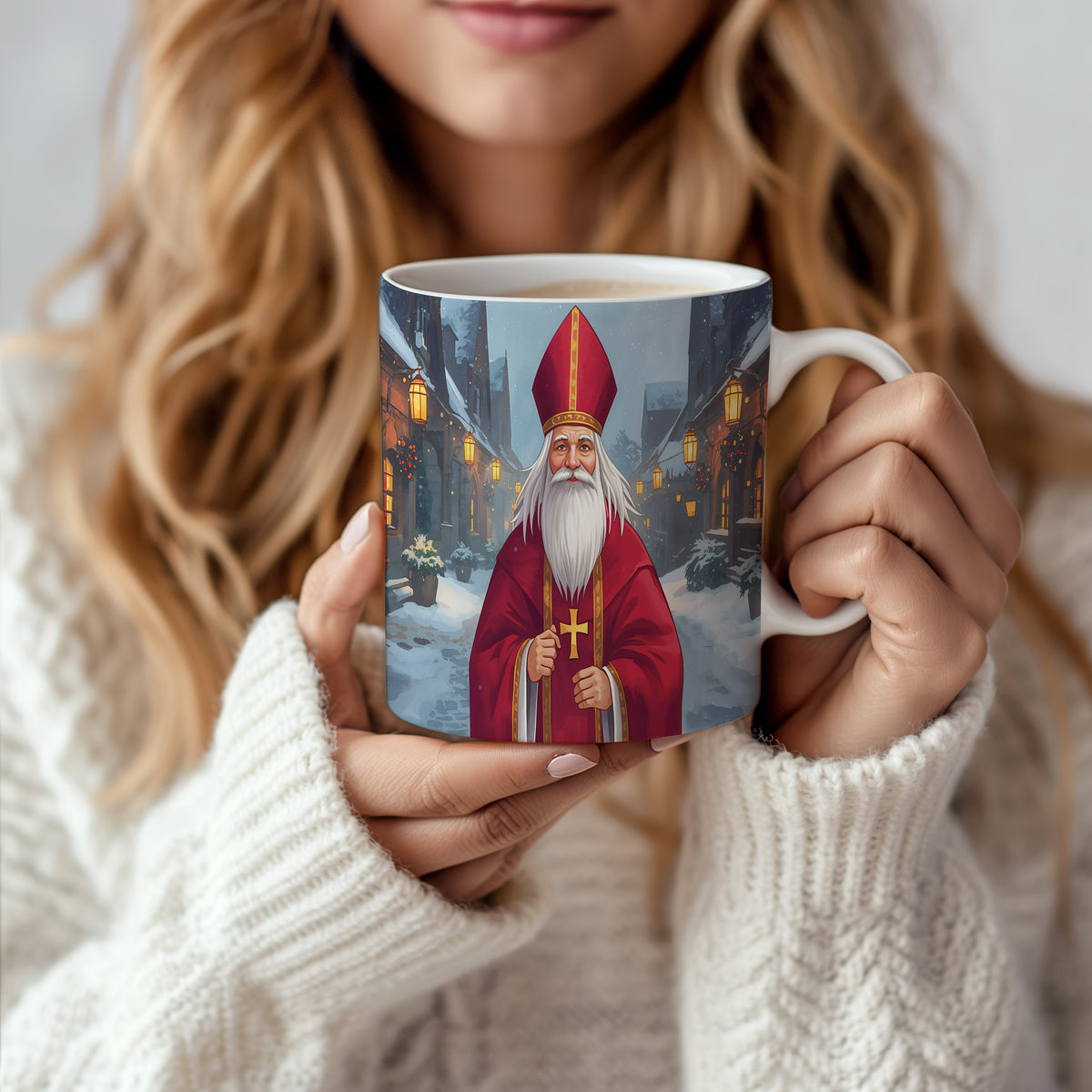Hrnek s motivem Mikuláše – zimní kouzelná ulice