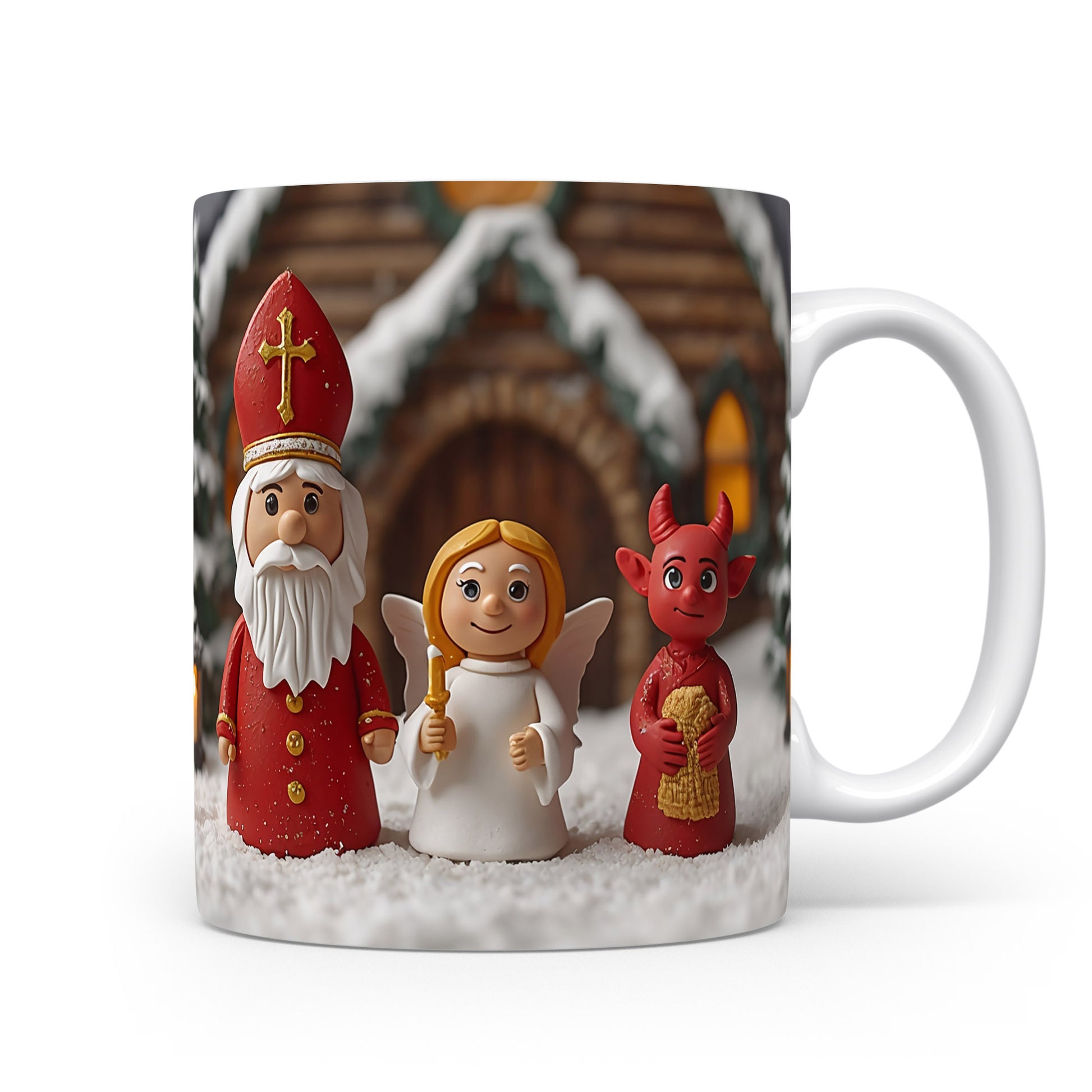 Mikuláš, čert a anděl před zasněženým dřevěným domkem