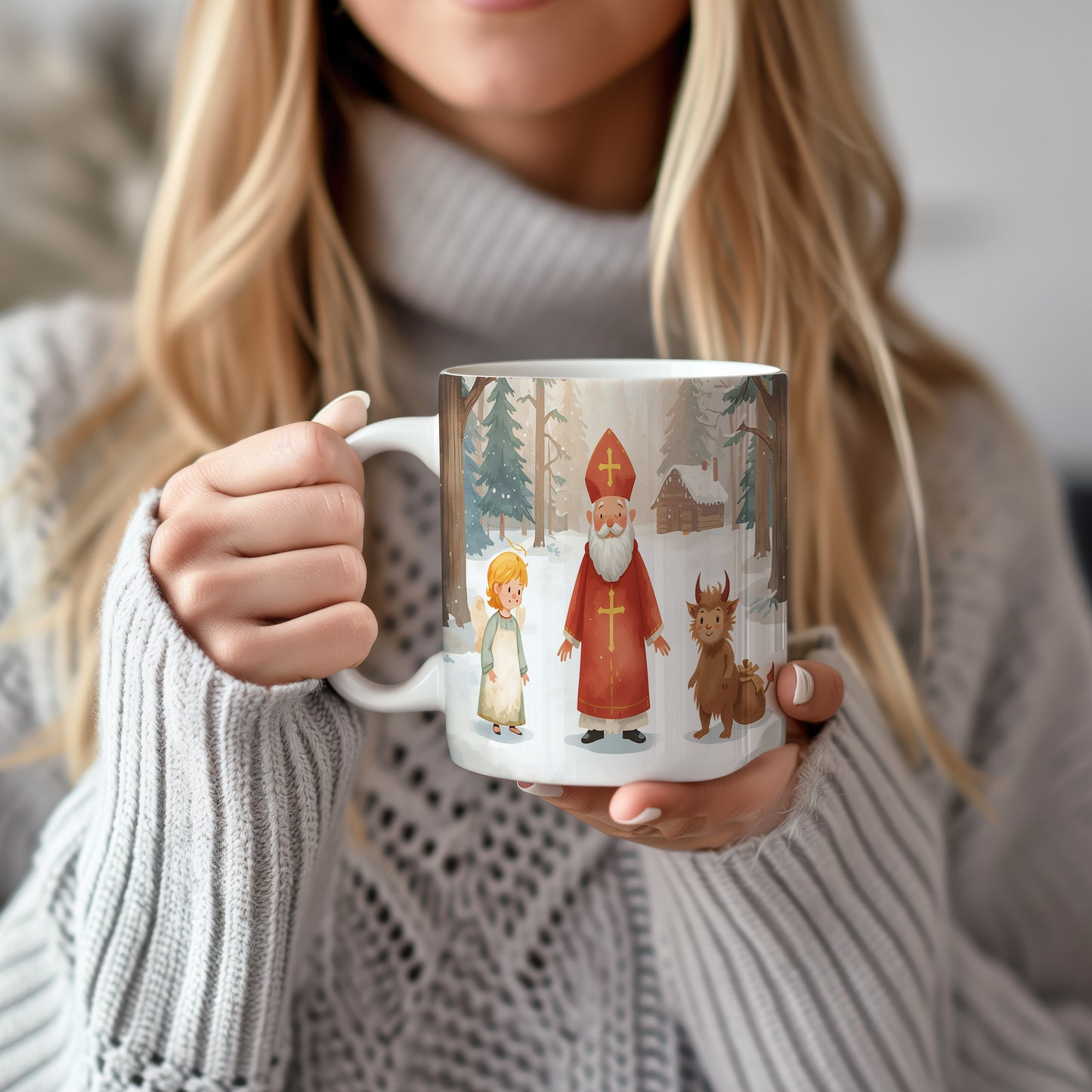 Hrnek s motivem Mikuláše, čerta a anděla – zimní pohádkový les